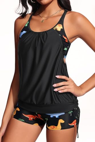Image of Holipick Blouson Tankini Swimsuits for Women - Two Piece Tummy Control Bathing Suit with Shorts Modest Swimwear