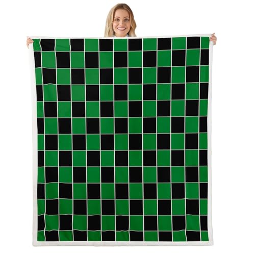 Image of Erosebridal Plaid Fuzzy Plush Throw Green Black Checkerboard Fleece Blanket Geometric Checkered Sherpa Blanket for Kids Boys Girls,Aesthetic Grids Decor for Bed Couch Queen 90 inchx90 inch