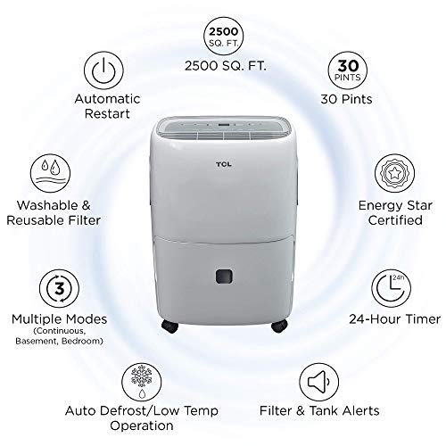 Tcl Home Smart 30 Pint Dehumidifier, 2,500 Sq. Ft, App & Voice Control, Set Up In Minutes, Easy Maintenance, Basements, Bedrooms #TOP1