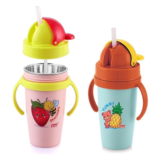 Zerya Gravity 2pc Hot & Cold Insulated Stainless Steel 360ml BPA-Free Cute Animal Design Baby Sipper Kids Water Bottle with Straw and Side Handle for Kids (Pink&Blue)-image-7