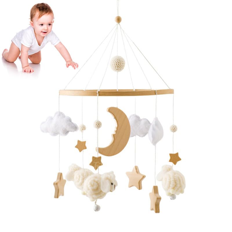 Baby Crib Mobile for Boys Girls | Boho Nursery Mobile | Felt Ball Bed Bell Mobile Crib | Ceiling Mobile - Stars, Clouds, Moon | Pendant Toy Wooden Wind Chime Nursery Decoration (Cream Colour)
