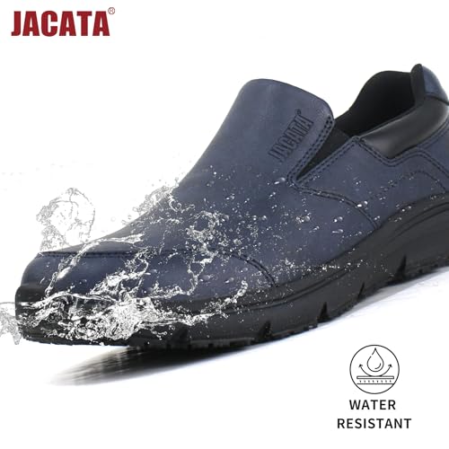 Image of Jacata Non Slip Black Work Shoes for Men Food Service Mens Water Slip Resistant Leather Slip on Chef Walking Shoes for Restaurant Kitchen Sneakers