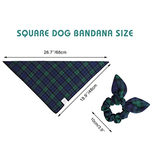 E-Clover Dog Bandanas & Matching Scrunchie Set Plaid Dog Scarf Kerchief For Medium Large Dog Boy Pet Bandana Bibs With Hair Tie Owner Gifts Blue Green #TOP2