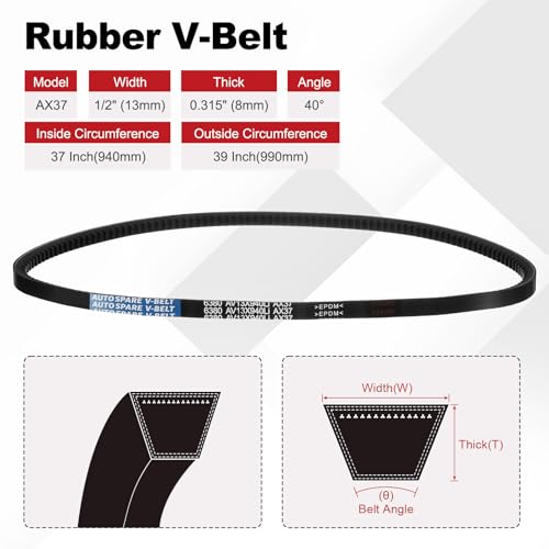 Image of AX37 Belt, Raw Edge Cogged Industrial Rubber EPDM V-Belt, Pack of 1 | 1 /2 inch(13mm) Width x 37 inch(940mm) Inside Circumference x 5 /16 inch(8mm) Height
