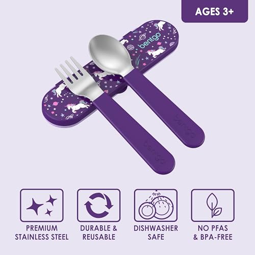 Image of BentgoA‚ Kids Stainless Steel Utensil Set - Reusable Fork, Spoon & Storage Case - High-Grade BPA-Free Stainless Steel, Easy-Grip Handles, Dishwasher Safe for School Lunch, Travel & Outdoors (Unicorn)