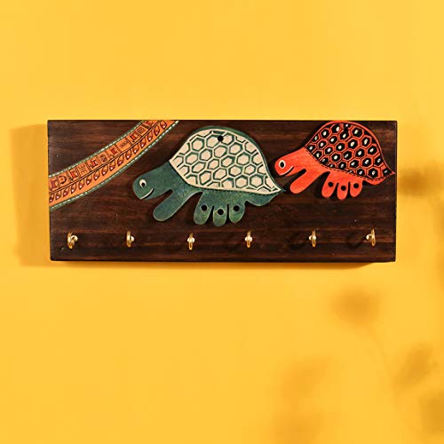Image of AAKRITI ART CREATIONS Key Holder, Handcrafted Tribal Art Turtle Theme Key Hanger | Rustic Wood Wall Organizer with 6 Hooks | New Home Gifts| Multifunctional Entryway Decor Item