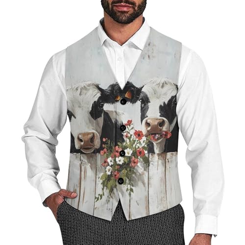 Funny Cows Painting Trendy Vest Suit for Men V Neck Formal Dress Waistcoat Vests Business Slim Fit