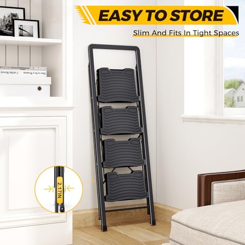 KINGRACK 4 Step Ladder, Folding Step Stool with Wide Anti-Slip Pedal and Handrails, Portable Lightwight Household Ladder, 800LBS Sturdy Steel Ladder, for Your Kitchen, Pantry, Closets, Office Use - Image 7