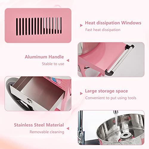 RIEDHOFF Cotton Candy Machine with Cart, Electric Cotton Candy Maker with 20 inch Stainless Steel Bowl for Family, Party, Amusement Park, Carnival- Pink