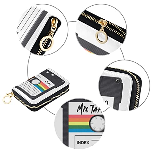 Cassette Retro Labels 80s Retro TextureGrey Credit Card Coin wallet, RFID Blocking Compact Women Leather Card Holder, Key Change Organizer, Zipper Purse Clutch Pouch3