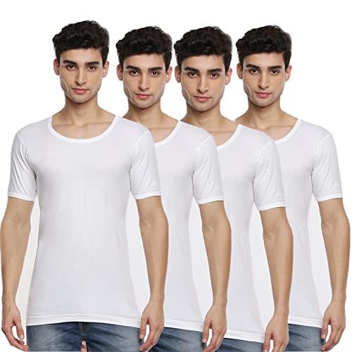 Image of RAMRAJ COTTON Men's White Round Neck Half Sleeve Cotton Undershirt /Vest /Banian| Comfy Ultrasoft Fabric