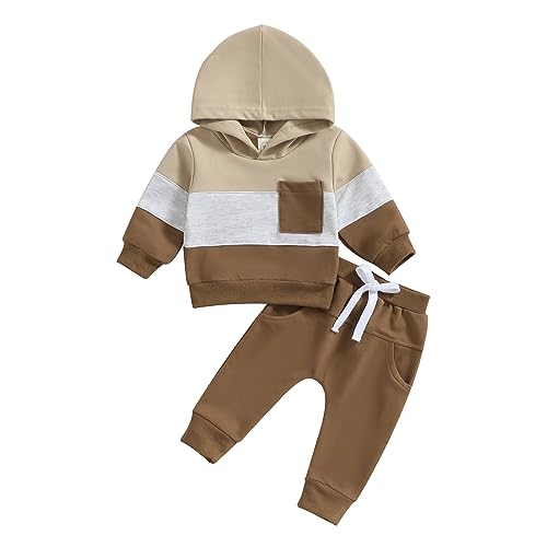 Image of Baby Boy Clothes Set Color Block Long Sleeve Hooded Sweatshirt Pant Sweatsuit Infant Fall Winter Outfits