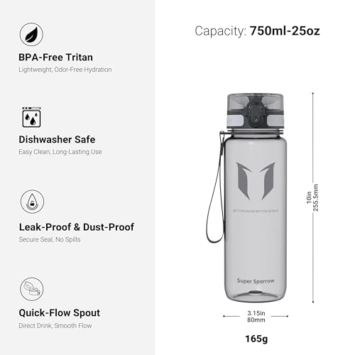Sportowa butelka wody Super Sparrow -25oz - Plastik Tritan bez BPA - Otwiera się jednym kliknięciem - Wielokrotnego użytku z szczelną pokrywką - Do biegania, siłowni, jogi, na zewnątrz i na kemping