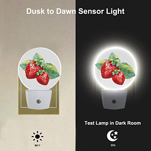 Image of Nightlight Watercolor Strawberry with Fresh Green Leaf Night Lights Plug into Wall Dusk to Dawn Sensor Round Night Light for Adults Boys Girls, 0.5W Energy Efficient