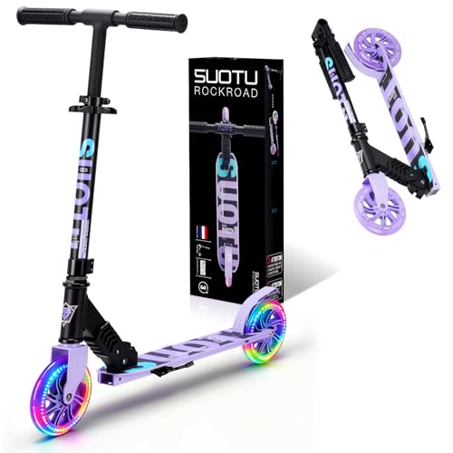 SUOTU Patinete Niño con Grandes Ruedas Iluminadas de 145 mm, Carga Máxima: 100 kg, Scooter para Niños de 3 a 12 Años, Plegable, Volante Ajustable Altura, Aluminio(Negro- Púrpura)