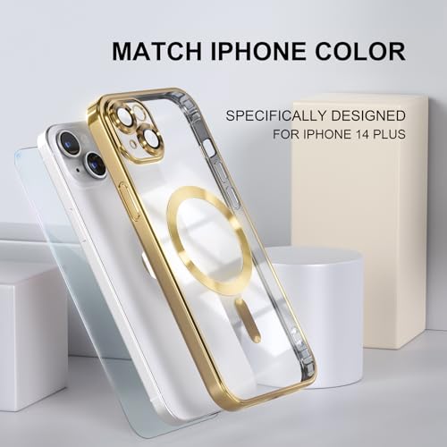 Image of Misea Magnetic for iPhone 14 Plus Case Compatible with MagSafe Gold | [Never Yellowing] [Military Drop Protection] Full Camera Lens Protector Plating Soft Clear Phone Case for Women, Gold