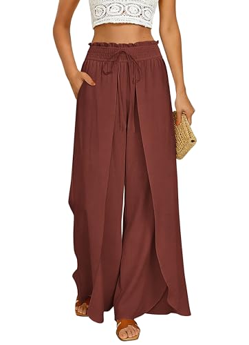 GRACE KARIN Damen Palazzo-Hose weitem Bein Rüschenschlitze elastischem Bund fließender Sommer-Strandhose mit Taschen Orangerot S