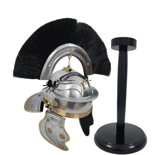 Helmat New Roman Imperial Gallic Centurion Helmet Armour Medieval Metal Mild Steel Helm Armour Soldier Costume & Wooden Stand (Blacl Plume)