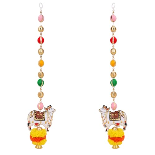 Image of Akaar Decor Pichwai Cow Hanging Set of 2 | Traditional Kamdhenu Cow Door Hanging with Multicolor Beads & Pom Pom Tassels | Festive Wall Decor for Diwali, Pooja Room, Temple & Home Entrance
