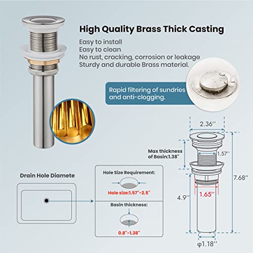 Gotonovo Tall Vessel Bathroom Sink Faucet Deck Mount Single Hole Single Handle Solid Brass Brushed Nickel Modern Lavatory Vanity Mixer Bar Tap With No Overflow Hole Metal Pop Up Drain #TOP6