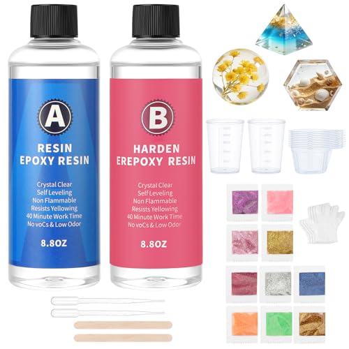 NUTKIT Resina Epoxi Manualidades Kit, 30Pcs,Kit Resina Epoxi Transparente(con Endurecedor), con Purpurina,Palos de Madera, Guantes,Taza Medidora,Gotero de Plástico,para Hacer Manualidades,DIY,etc.