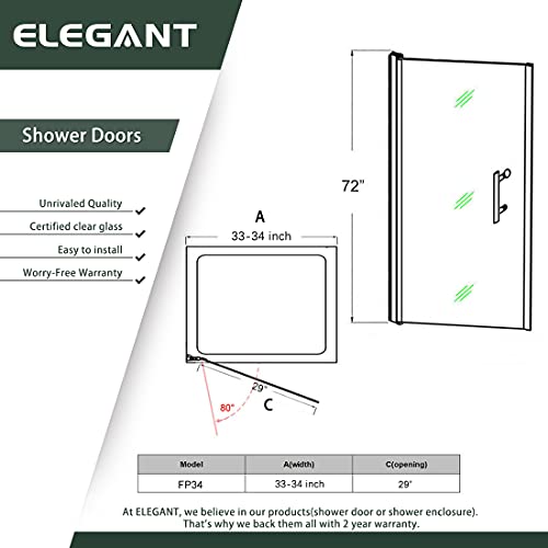 Elegant Frameless Pivot Shower Door 34 In. W X 72 In. H Frameless Bathroom Shower Door With 1/4 Inch Clear Tempered Glass Pivot Swing Corner Shower Doors In Chrome Finish #TOP5