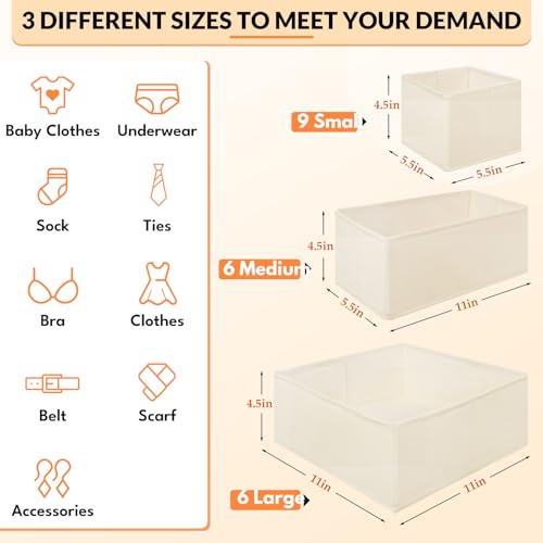 FANS-ONE Drawer Organizer Clothes, 21 Pack Dresser Organizer for Baby Clothes, Underwear, Socks, 3 Sizes Foldable Closet Organization and Storage Bins for Nursery, Bedroom (Light Beige) — view 2