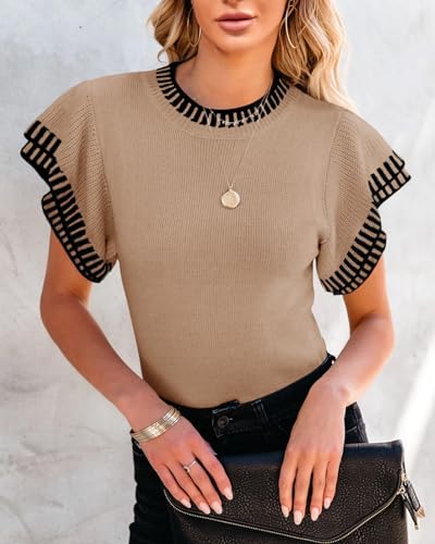 Image of Saodimallsu Womens Short Sleeve Sweater Summer Striped Top Soft Knit Shirts