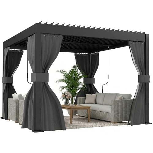 Outsunny 3 x 3 m Louvered Pergola with Adjustable Aluminium Roof, Netting and Curtains - Dark Grey