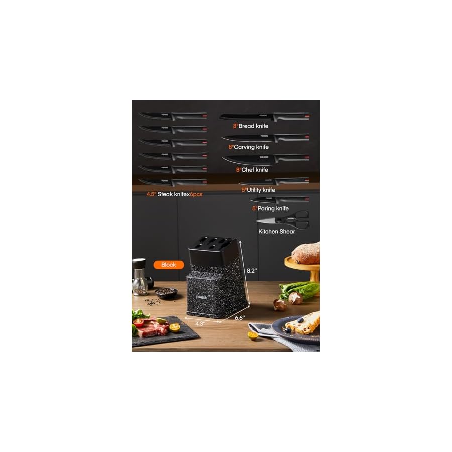 FOHERE-Knife-Set-with-Block-13-Pieces-Stainless-Steel-Knife-Sets-for-Kitchen-with-Built-in-Sharpener-Sharp-Kitchen-Knife-Block-Set-with-Granite-Pattern-Anti-slip-Handle-Rust-Resistant-Black FOHERE Knife Set with Block 13 Pieces Stainless Steel Knife Sets for Kitchen with Built-in Sharpener Sharp Kitchen Knife Block Set with Granite Pattern, Anti-slip Handle Rust Resistant, Black