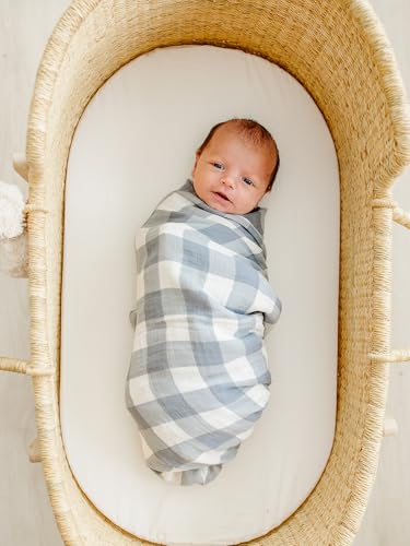 Image of Mebie Baby Dusty Blue Gingham Muslin Swaddle, Modern and Neutral Swaddle Blanket for Baby Girl or Boy, Soft Baby Blankets, 0-3 Month, Comfy Wrap, Baby Essentials & Gifts