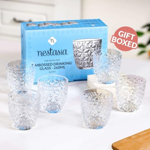 Image of Nestasia Transparent Small Juice Glasses Set of 6 (260 ml Each) - 100% Food Safe & Dishwasher Safe Floral Textured Tumblers - Ideal for Water, Tea, Coffee & Refreshments - Perfect for Gifting