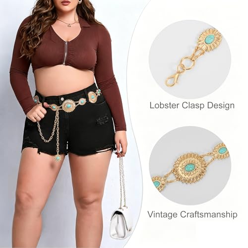 Image of WHIPPY Women Concho Chain Belt Metal Link Western Cowgirl Turquoise Chain Belt for Dress