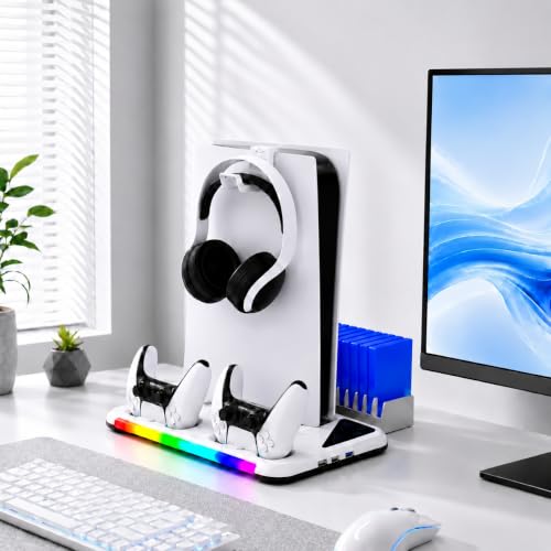 Image of PS5 /Slim /Pro Stand for Disc & Digital Console, Dual Controller Charging Station, PS5 Cooling Station with RGB Light & 3 Level Cooler Fan, PS5 Accessories with Headset Holder, Game Card Holder