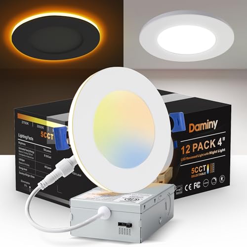 DAMINY 12 Pack 4 Inch 5CCT LED Recessed Light with Night Light,Ultra-Thin,Canless recessed Lighting 4 in,9W=80W,700LM,Dimmable Wafer Lights,ETL Certificated by DAMINY - Used condition - US$69.99