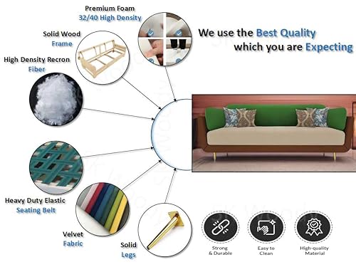 Image of Black Wood Modern Mid Century Velvet 3 Seater Sofa with Three Colour Shade with Extended Warranty for Bedroom, Living Room, Dining Room (Brown Beige Green, 3 Seater)