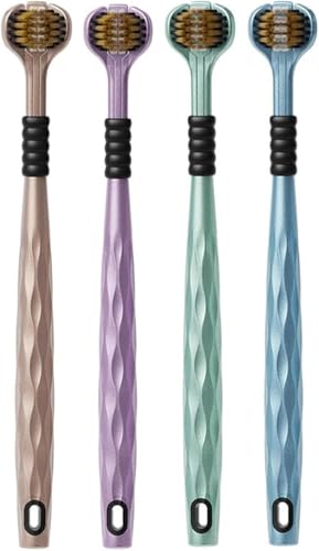Image of 3-Sided Toothbrush with U-Shaped Triple Head Design, Dual Bristle Arrangement, Curved Brush Head, Ergonomic Handle with Non-Slip Grip, Multi-Color Toothbrush Set (Pack of 4)