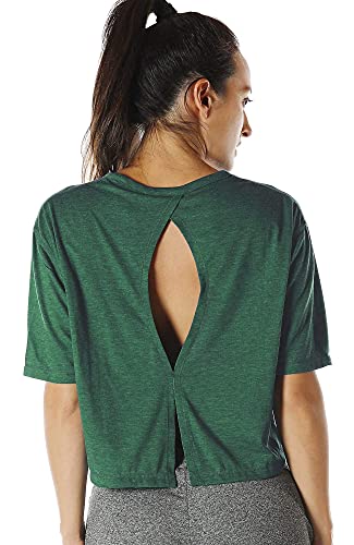 Icyzone Open Back Workout Top Shirts - Yoga T-Shirts Activewear Exercise Crop Tops For Women(Pack Of 2) (M, Charcoal/Army) #TOP4