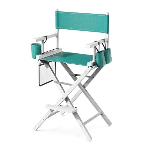 OmySalon 26 H Tall Directors Chair Wooden Portable Folding Makeup Chair w/Storage Pouch & Footrest Professional for Salon/Events/Mobile Services 250lb Capacity Aqua Canvas & Solid Hardwood