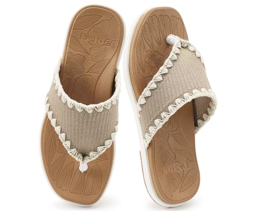 Image of ONCAI Women's Flip Flops,Casual Yoga Mat Flat Dressy Slide Sandals for Women 2026 Khaki/White UK Size 5.5 with Non-slip Rubber Sole Walking Summer Beach Comfort Lightweight Thong Sandal