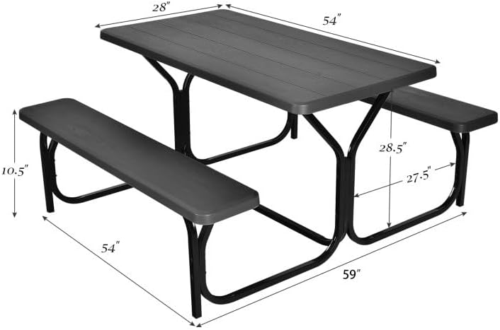 All-Weather HDPE Outdoor Picnic Table & Bench Set in Black Wood Grain Finish, 54x59x28.5in, Upscale Rustic Style for Backyard Patio