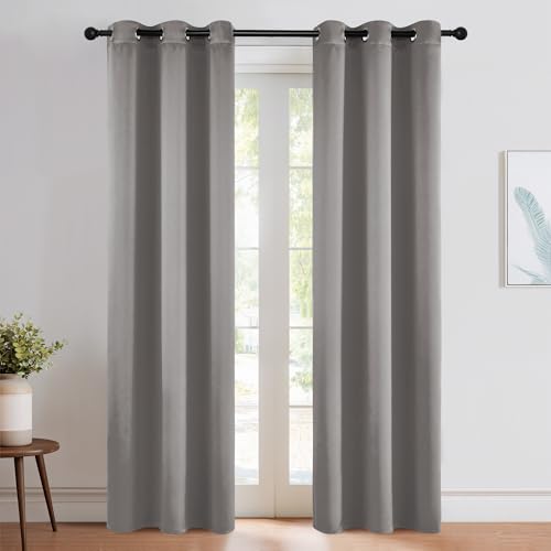 Image of NICETOWN Room Darkening Cafe Satin Curtains for Small Windows, 42 inch Wide by 84 inch Long, 2 Panels, Chrome Gray, Grommet Privacy Blackout Drapes for Play Room