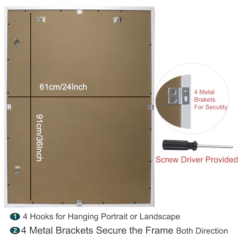 61x91cm(24x36'inch) White Boxed Photo Frame 3Pack with Acid Free Mount for 50x70cm,90x60cm Large White Poster Frame with Metal Bracket for Security, 50x70cm frams for Wall Hanging. - Image 4