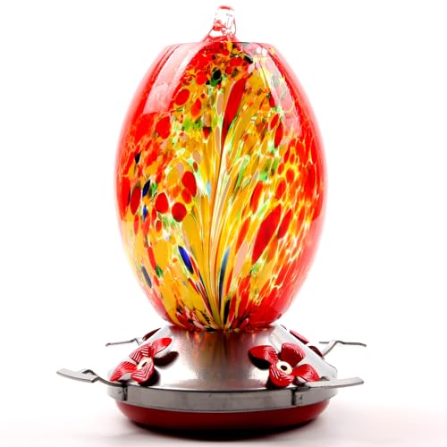 Runtoo Glass Humming Bird Feeders for Outdoors - 27OZ Blown Glass Hummingbird Feeder - 4 Feeding Metal Stations, Unique Gift for Mom Women, Outdoors Hanging Garden Decor, Includes Ant Moat & Brush,