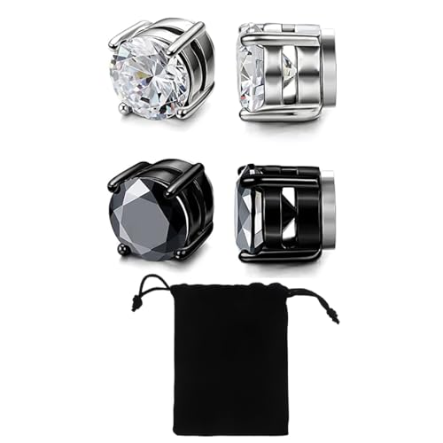 LICHUANUK 2 Pares De Aretes Magnéticos De Acero Inoxidable Para Hombres y Mujeres Redondos Con Incrustaciones De Circonita Cúbica Aretes Magnéticos Sin Perforación Aretes Con Clip