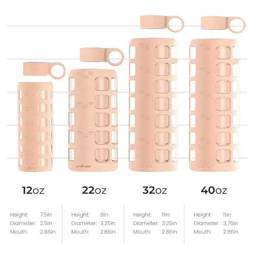 purifyou 40oz / 32oz / 22oz / 12oz Borosilicate Glass Water Bottle with Time & Volume Markers, Silicone Sleeve, Stainless Steel Lid | Reusable Glass Bottle for Water & Juice (12oz Hazelnut)