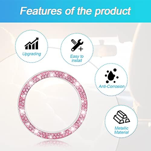 Car Bling Crystal Rhinestone Engine Start Ring Decals, 2 Pack Car Push Start Button Cover/Sticker, Key Ignition Knob Bling Ring, Sparkling Car Interior Accessories for Women (Pink) - 3