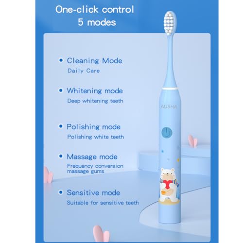 Image of Ausha Giraffe Kids Electric Toothbrush with 3 Extra Heads with Soft DuPont Bristles, Rechargeable, Cartoon Design, Smart Timer, 5 Modes,Waterproof Tooth Brush for Children (Ages 3-12)