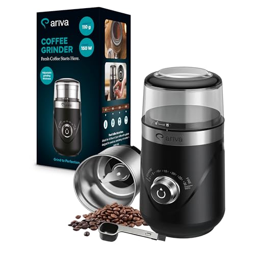ARIVA Elektrische Kaffeemühle 150W mit Timer & Abnehmbarem Edelstahlbehälter, Leise (63dB), Schlagmesser, Mühle für Kaffeebohnen, Gewürze & Nüsse, Schwarz/Edelstahl
