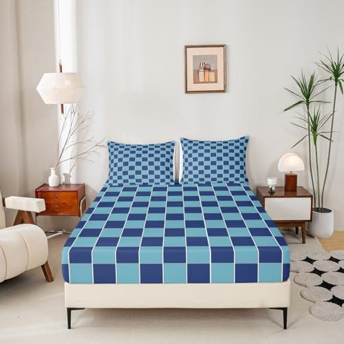 Image of Erosebridal Blue Plaid Bed Sheets Full Navy Blue Checkered Sheet Set Geometric Grids Gingham Bedding Set for Kids Boys Girls,Soft Lightweight Fitted Flat Sheets 4 Piece